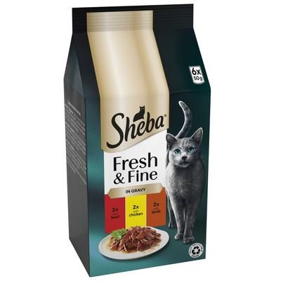6x50g Beef, Chicken & Lamb in Gravy Fresh & Fine Mini Pouches Sheba Wet Cat Food