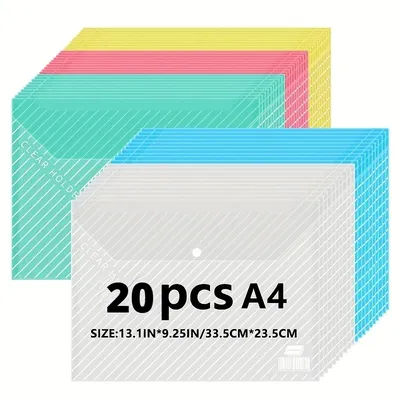 5/20 Pack Multicolor A4 Clear Polypropylene Document Folders - Durable PP Plastic Envelopes for School and Office Supplies