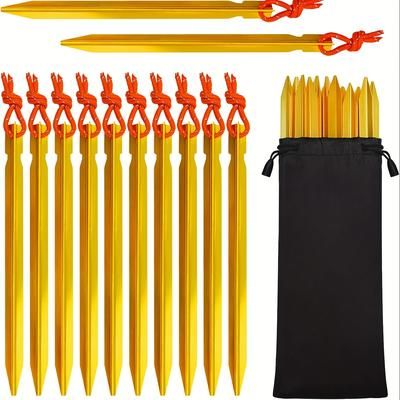 TEMU 12pcs Y-shaped Lightweight Metal Tent Pegs - 7 Inch Stakes With Reflective Rope For Camping, Beach - Heavy Duty Aluminium Alloy