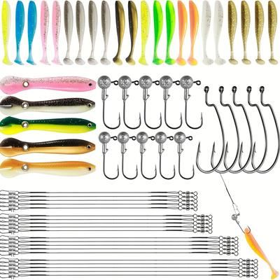 TEMU 62pcs Fishing Lure Set, Soft Plastic Bionic Swimbaits With Tube Jig Heads, Offset Hooks & Wire , Stainless Steel & Carbon Steel,, For Bass Pike Trout - Mixed Colors, Fishing Bait