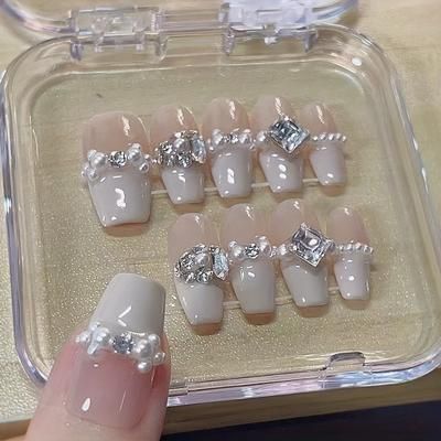 TEMU 10pcs Handmade Medium-length Ballet Fake Nails - Nude Milky White Glitter Base With Rhinestone & Accents, Glossy Detachable Press-on Nails For & Special Occasions, Ballerina Nails