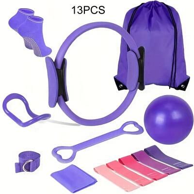 "TEMU 13pcs Pink & Set - Includes 9.8" Ball, 12" Yoga Ring & Resistance Bands For Women - Durable Pp Material For Home Workouts, Flexibility Training & Core Strengthenin"