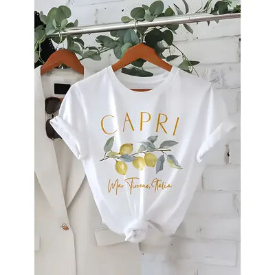 T-shirt Capri italien imprimé citron pour femme, blanc, manches courtes, col rond, t-shirt décontracté avec lettrage doré et feuilles vertes