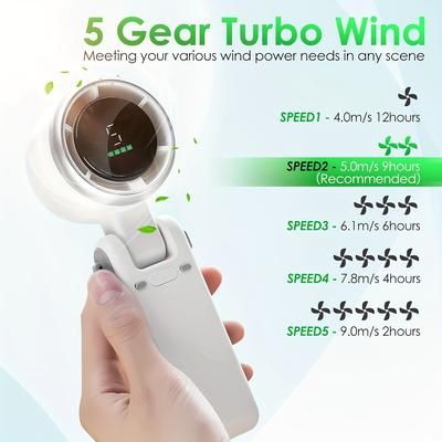 TEMU Portable Handheld Mini Turbo Fan, Usb Rechargeable Travel Neck Fan With 5 , 3600mah Battery & 15000rpm Speed, Up To 6 Working Hours, 3in 1 Foldable Personal Cooling Fan For Travel/home/office