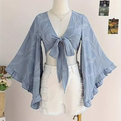 TEMU Light Brown Wicker Texture With Tie Front, Flared Sleeves, And Ruffles For A Women's Hippie Music Festival.