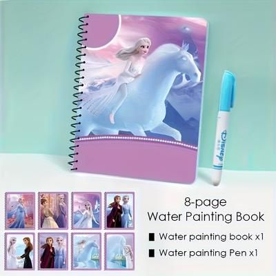 TEMU Frozen Magic Water Painting Book - 8-page Reusable With Princesses, Water Pen & Colorful Illustrations, Interactive Art Activity For, Creative Playtime, Design, Durable Pages