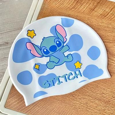 TEMU Stitch Silicone Waterproof Swim Cap - Cute Blue And , Durable & For Poolside And , Swim Hat
