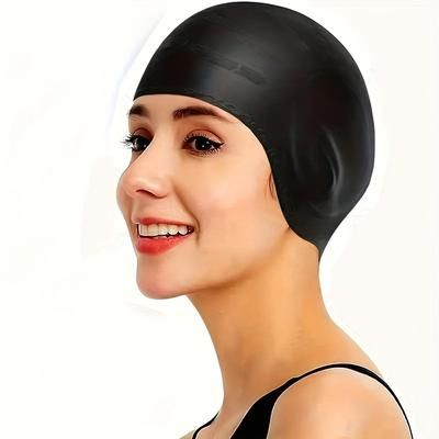 TEMU 1pc Ear Protection Swimming Cap - Waterproof, Non-slip, Comfortable For Adults, Ideal For Long Hair, Blac