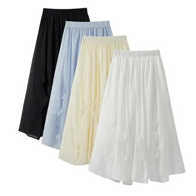 Jupe trapèze élégante pour femme 2026, nouvelle collection été, taille haute élastique, bordure feuille de lotus, couleur unie