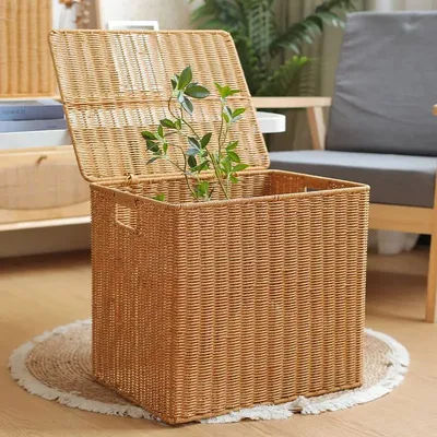 Scatola per cesto in rattan imitazione vimini con coperchio Armadio per giocattoli per abbigliamento, cesto per biciclette, organizer per lavanderia, frutta, picnic alto