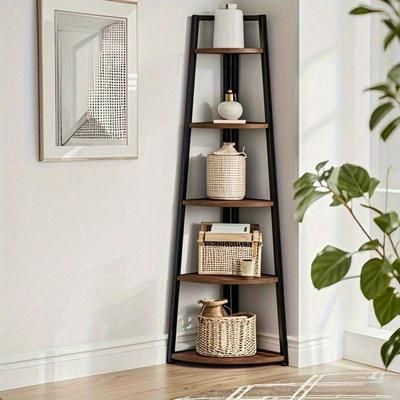 TEMU 70-inch Tall Corner Bookshelf, 5 Tier Brown Bookcase For Living Room, Kitchen, Home Office Plant Stand