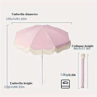 TEMU Large Outdoor Camping Sun Umbrella With Sturdy Steel Pole - Adjustable Height, Portable Beige Canopy, 100% Polyester Fabric For Patio, Beach, Backyard Shade