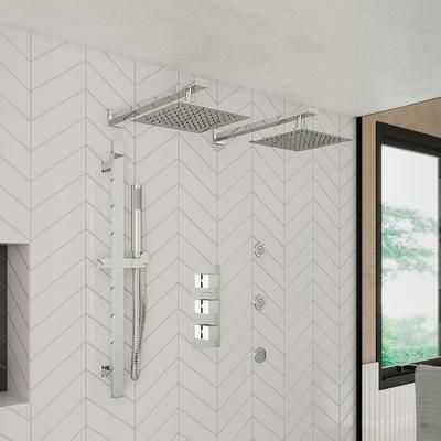 Randolph Morris Tranquil Rainfall Shower Set with 2 Wall Mount Rainfall Square Shower Heads, Square Valve, Grab Bar, Round Handshower and 3 Round Body Sprays RMAS-3TSQ-2SQHC-HSQ-C