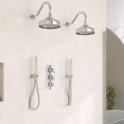 Randolph Morris Tranquil Rainfall Wall Mounted Shower Set with 2 Wall Mount Gooseneck Round Shower Heads, Square Valve, 2 Round Handshower - Chrome RMAS-3TSQ-2RRHGN-2HSW-C
