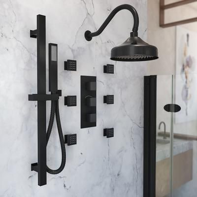 Randolph Morris Tranquil Rainfall Thermostatic Shower Set with Round Showerhead, Square Handshower, Sqaure Valve, and 6 Sqaure Body Jets - Matte Black RMAS-3TSQ-RRHGN-HSSQ-6BSQ-MB