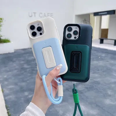 Invisible Bracket Card Holder Wallet Phone Case with Wrist Strap for iPhone 16e 16 Pro Max 15 14 Plus 13 12 11 Shockproof Cover