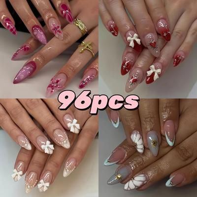 TEMU Of 96pcs European And American Press-on Nails Fashionable Versatile Floral Pearl Bow Gradient Water Drop High-end Design Almond Short Fake Nails Set Gift 4pcs And Nail File 4pcs