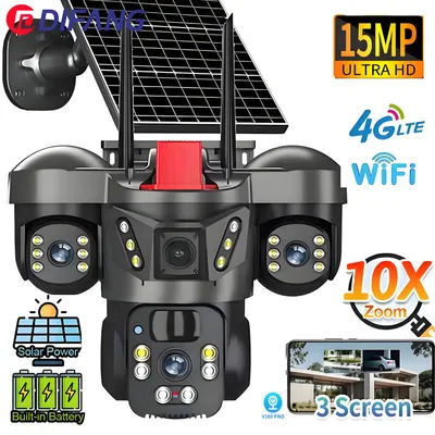 8K 15MP Wireless WiFi Solar Camera Three Lens Three Screen 4G Sim Card Solar Cam Human Detection Outdoor Solar Surveillance V380