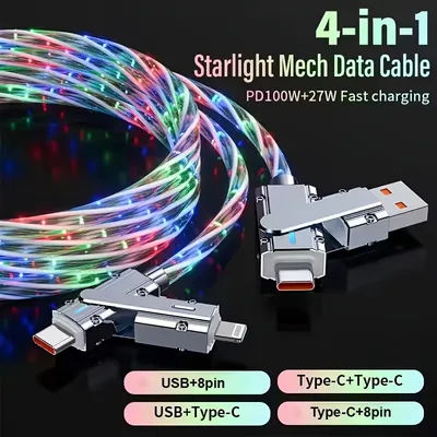 4-in-1 Zinc Alloy USB C Fast Charging Cable with Led Light Multi USBC Type C Charger for IPhone 16 15 Pro Max for Airpods