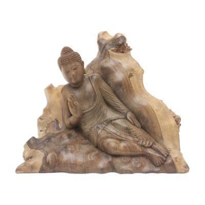 Buddha's Mood,'Hand Carved Suar Wood Buddha Sculpture'