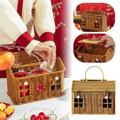 Cestino a forma di casa in rattan con coperchio, organizer decorativo per scaffali intrecciati a mano con manico pieghevole, cestino in vimini raccolto ﻿