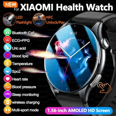 2025New graisse sanguine acide urique ECG santé montre intelligente hommes AMOLED écran NFC BT appel lampe de poche LED IP68 étanche Sport Smartwatch