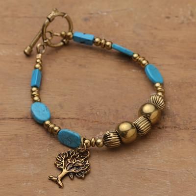 'Brass and Turquoise-Toned Resin Beaded Tree Charm Bracelet'