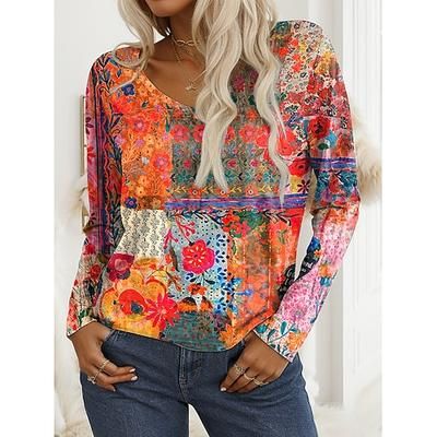 T-shirt donna a maniche lunghe a V tunica floreale grafica piante vintage elegante casual top regolari stampa quotidiana weekend rosa blu arancione primavera autunno