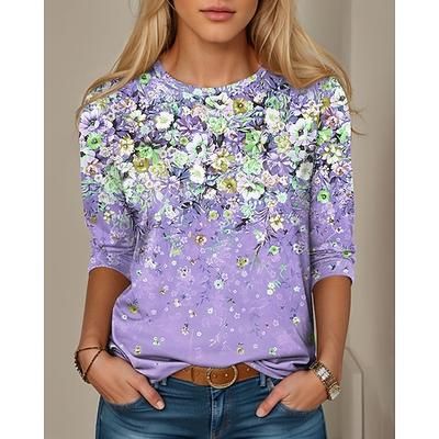 Maglietta da donna Easter a maniche lunghe con scollo rotondo tunica floreale grafica piante vintage stilosa classica tops regolari stampa quotidiana rosa blu viola arancione verde autunno