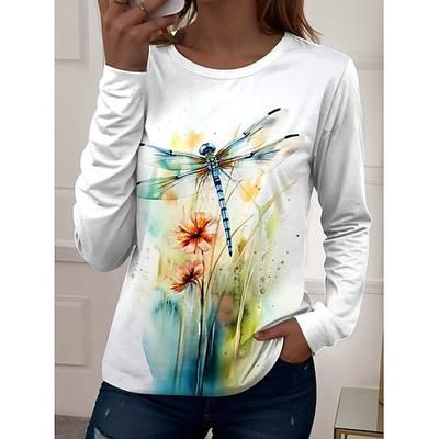 T-shirt da donna manica lunga a girocollo tunica grafica animale piante vintage stiloso casual top regolari per uso quotidiano stampa giallo rosa verde autunno