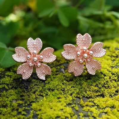 'Cherry Blossom-Themed 18k Rose Gold-Plated Button Earrings'