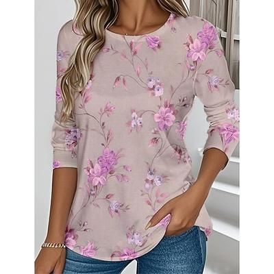 T-shirt Pasqua donna manica lunga collo rotondo tunica floreale grafica piante vintage stilosa classica collo rotondo top regolari stampa quotidiana rosa viola verde autunno preautunnale