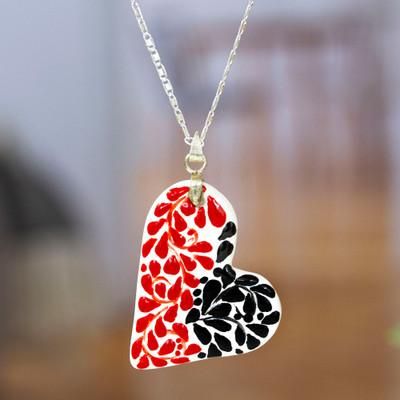Heart of Gardens,'Leafy Painted Red and Black Ceramic Heart Pendant Necklace'