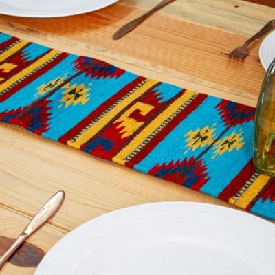 Banquet in Thunder,'Woven Fringed 100% Wool Table Runner in Yellow and Blue Hues'