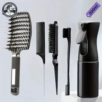 5pc Bristle Hair Comb Set with Large Curved Styling Brush & Detangling Rib Comb spray bottle Pointed tail comb Hair styling tool