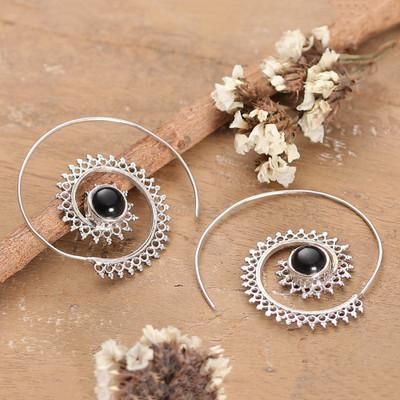 'Folk Art-Themed Sterling Silver and Onyx Half-Hoop Earrings'