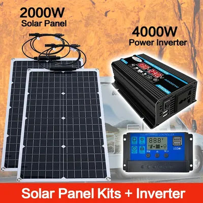 110V/220V 2000W Solar Panel System 12V Battery Charging Controller 4000W Solar Inverter Kit Complete For Home/Outdoor Use
