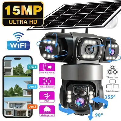 V380PRO 3 Lens WiFi Solar Camera HD 15MP 360 Outdoor Waterproof CCTV Night Vision Two-Way Audio Camera Mobile Tracking IP Camera