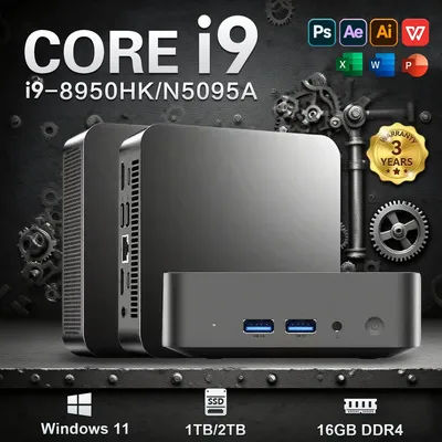 Portable Mini PC Core i9 8950HK N5095A Gaming Computer PC Windows 11 16GB DDR4 1/2TB M.2 SSD WiFi6 BT5.2 4K Dual Mini Desktop PC
