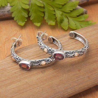 'Vine-Themed Garnet Half-Hoop Earrings with 18k Golden Accent'