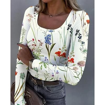 T-shirt da donna maniche lunghe rigata grafica collo quadrato maniche lunghe casual tunica floreale piante vintage elegante top regolari stampa quotidiana bianca rosa arancione verde beige primavera