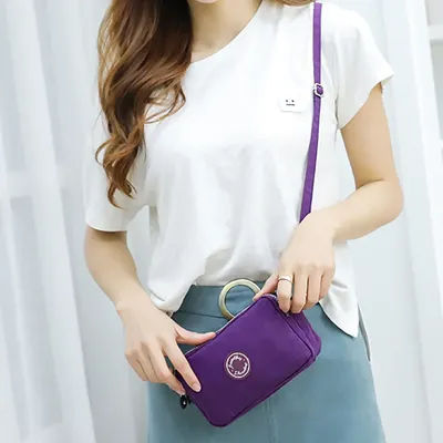 Simple solid color men's crossbody bag three-layer zipper nylon shoulder bag portable daily mobile phone bag and wallet