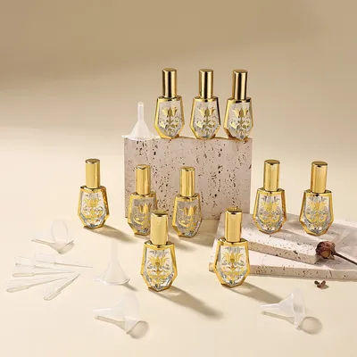 10pcs 10ml Empty Gold-Plated Glass Sample Spray Bottles with Droppers and Funnels, Perfect for Perfume, Essential Oils, Skincare