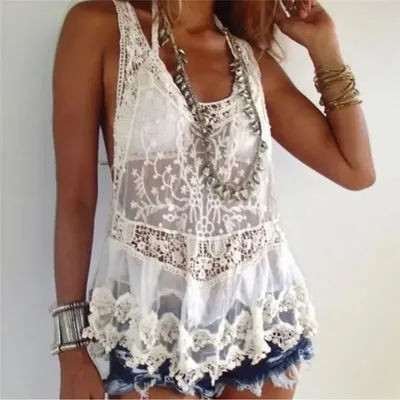 BOHO inspiré bohème Crochet dentelle dos nageur débardeur couvrir coton mélange été plage haut nouveau débardeur boho haut pour femme