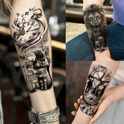 1 Sheet Waterproof Family Style Clock Temporary Tattoos For Men Women Realistic Lion Tiger Fake Tattoo Sticker Arm Leg Tatoo DIY
