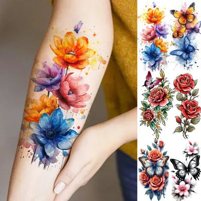1 Sheet Beautiful Watercolor Flowers Butterfly Temporary Tattoos For Women Waterproof Realistic Fake Tattoo Sticker Long Lasting