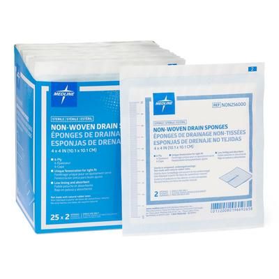 Medline Sterile Nonwoven Gauze Drain Sponges, Premium, 6-Ply, 4" x 4", 2/Pack, 2/PK (NON256000HH)