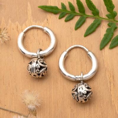 Swirling Garden,'Sterling Silver Hoop Earrings with Balinese Swirl Ball Motif'