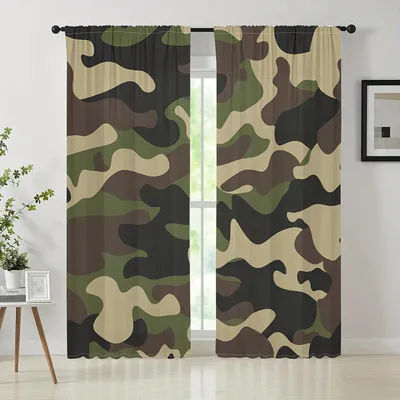 Rideau de Camouflage pour chambre à coucher, 2 pièces, rideau vert armée, conception de poche pour tringle, Polyester à impression numérique, lavable en Machine
