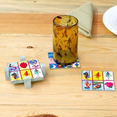 'Decoupage 7-Piece Pinewood Loteria Coaster and Stand Set'